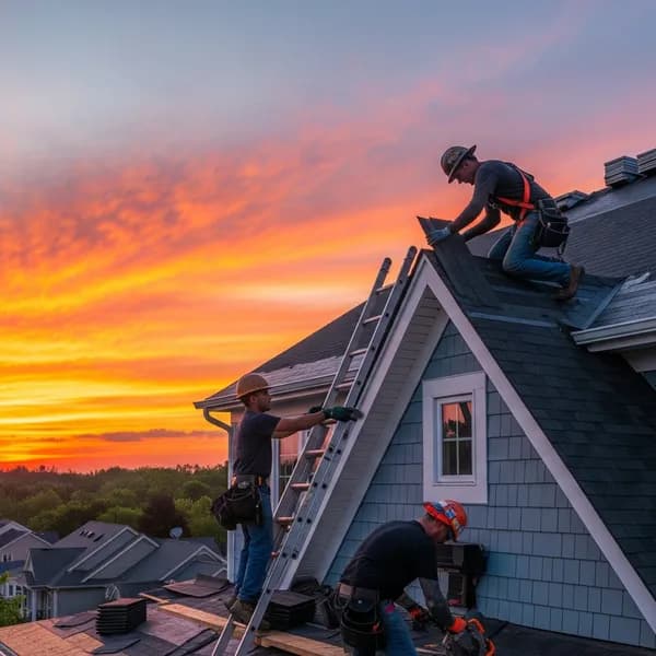 Revive crew finishing a residential roof at sunset
