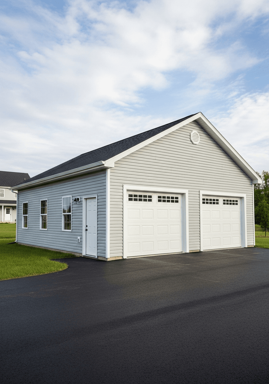 Sample finished detached garage build (placeholder image — drop in real project photo)