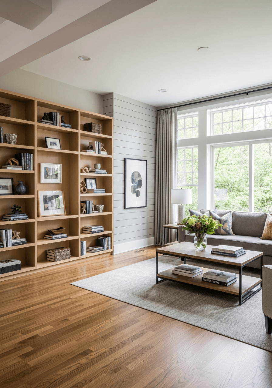 Sample renovated living room with built-ins (placeholder image — drop in real project photo)