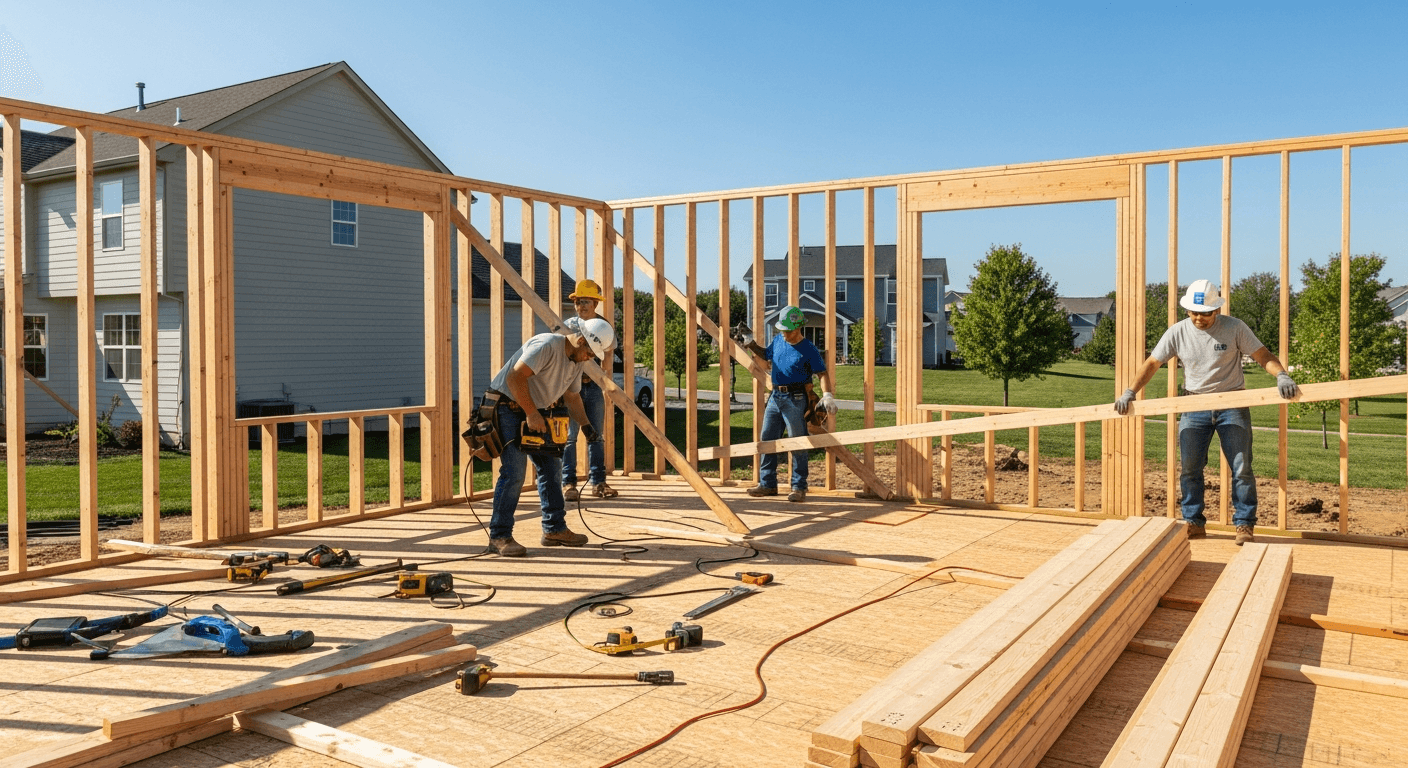 Contractors framing a new room addition on a residential home