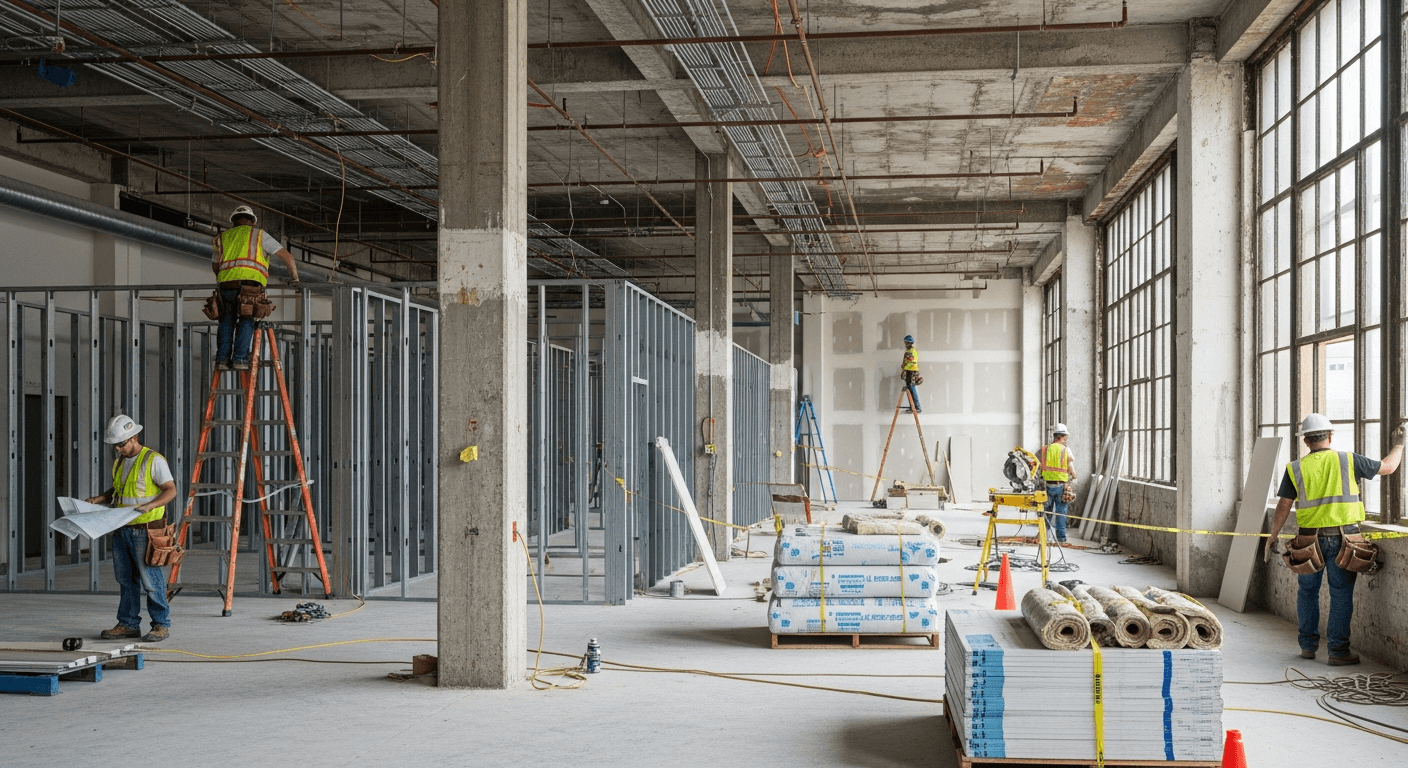 Interior gut renovation of a commercial building with structural steel and new framing