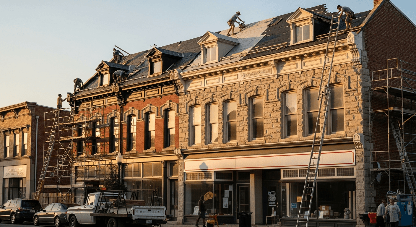 Historic downtown commercial building being restored with new roofing and storefront