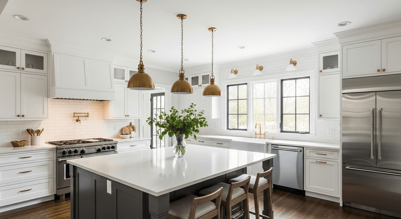 Renovated open-concept kitchen with white cabinetry and brass pendants