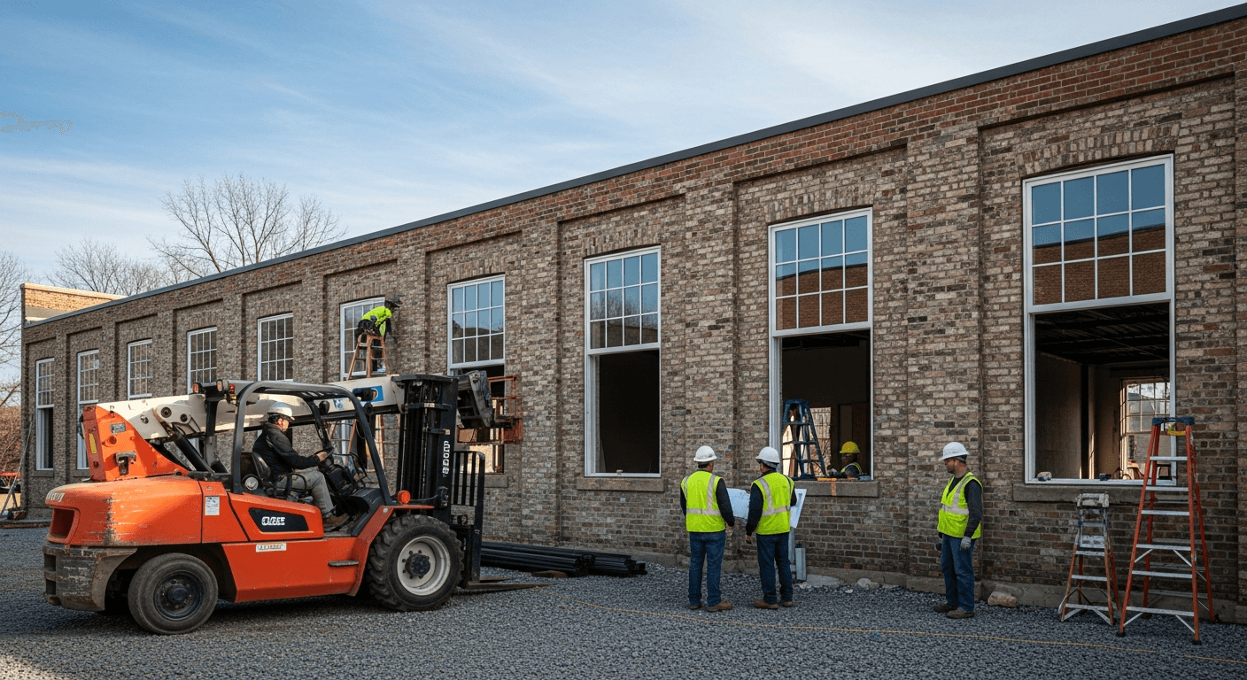 Adaptive reuse rehab of an old industrial mill building with new windows being installed