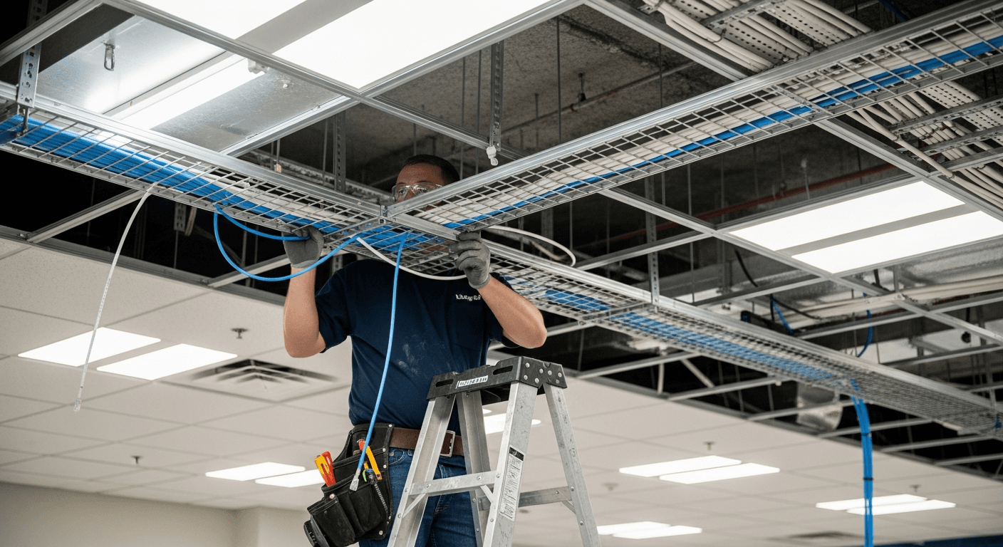 Network technician installing structured Cat6 cabling in a commercial building ceiling